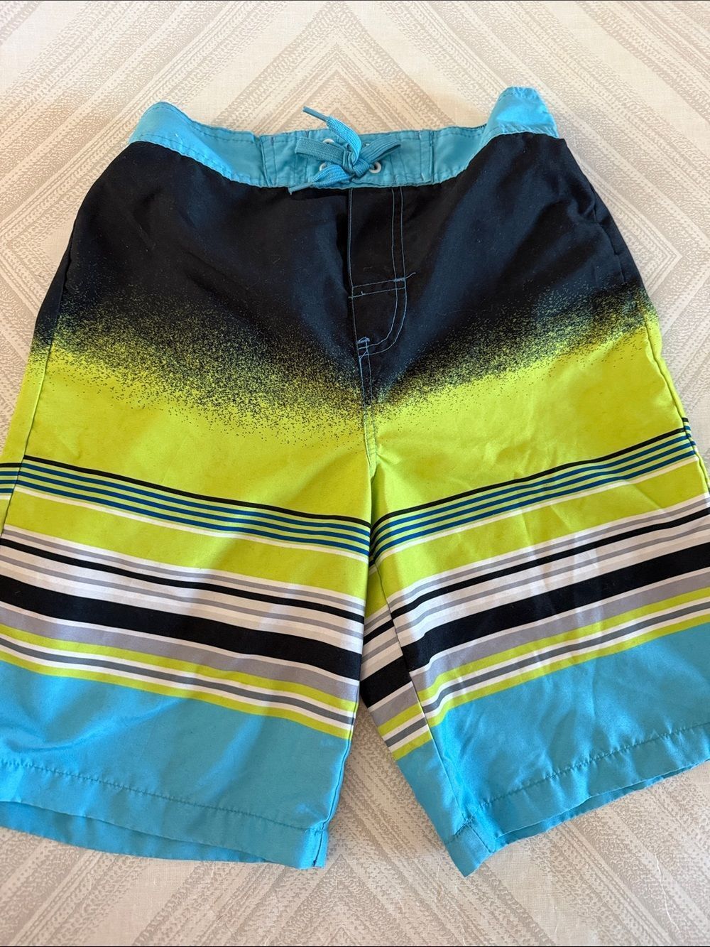 Tony Hawk Boys Black Lime Gradient Board Shorts Blue Stripe Swim Trunks L 14/16